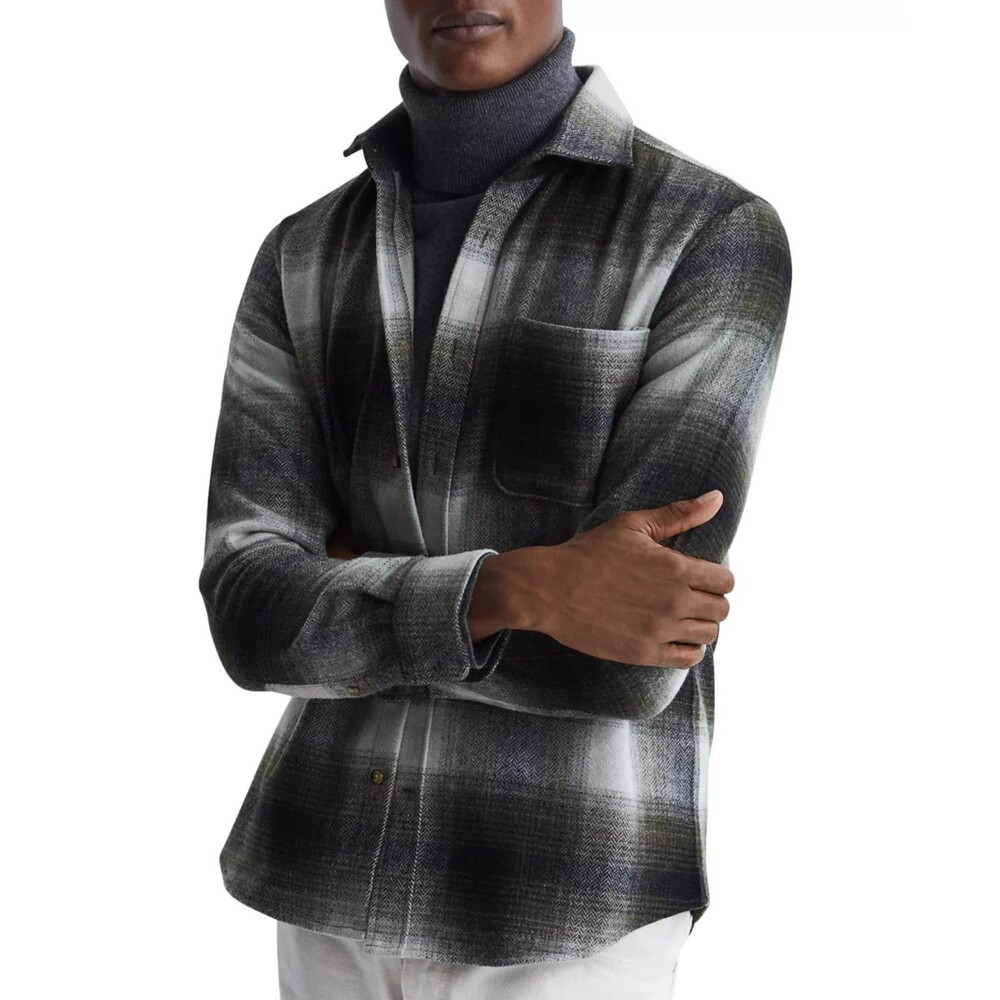 REISS Jacket Mens Medium Green Check Wool Blend Overshirt Plaid Shaket DAYTONA